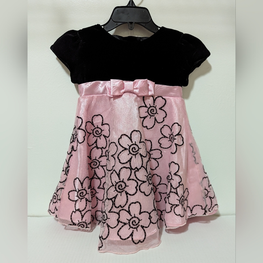 SZ 2T George Infant Girl's 24 Month Black Velor & Pink Satin Floral Dress